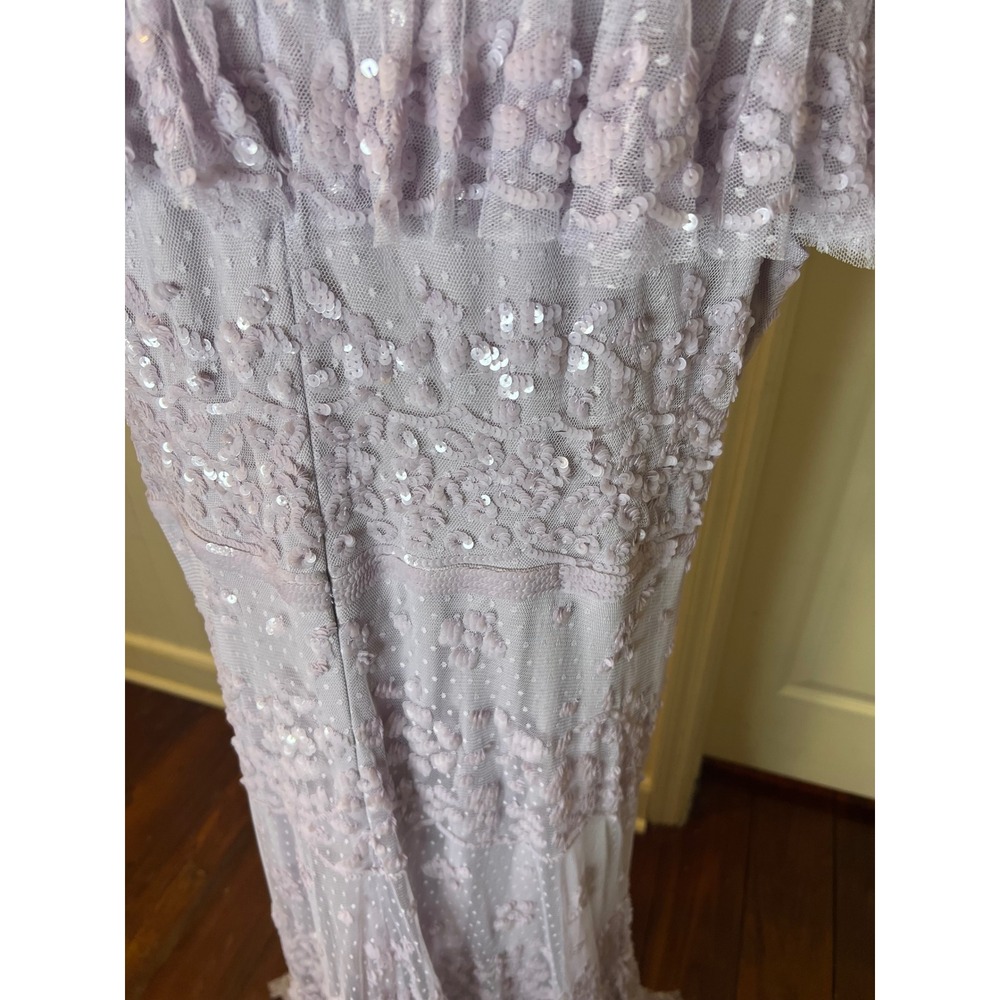 Mac Duggal 9195 Lavender Sequin Floral Lace Tiered Gown Ruffle Capelet Maxi - Picture 15 of 16